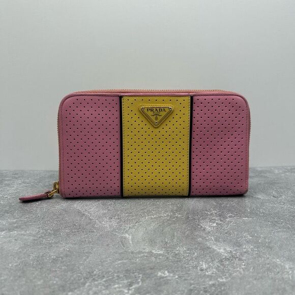 Prada Pink Yellow Striped Perforated Saffiano Leather Zip Around Wallet Lemonade - Picture 1 of 14